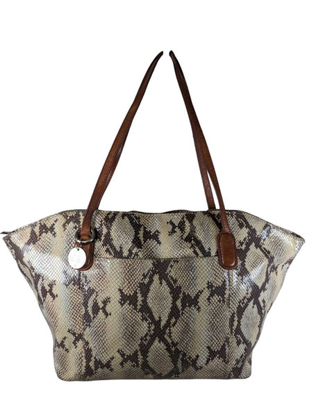 R snake print leather tote