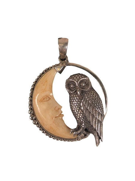 SS Owl & Stone Half Moon Pendant