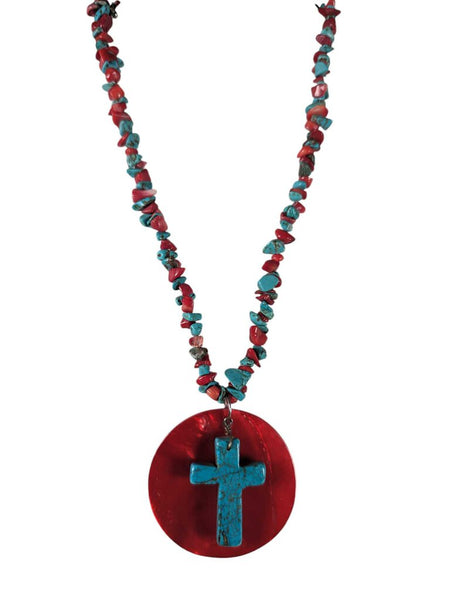 Stone Chip Necklace w/ Round Shell & Cross Pendant