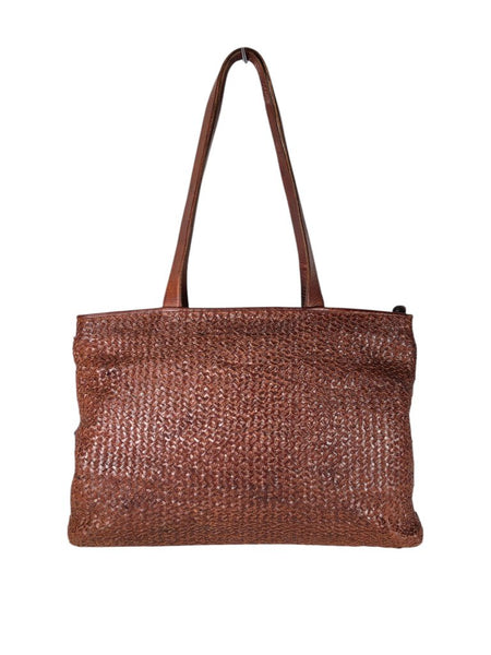 Woven leather zip top shoulder bag