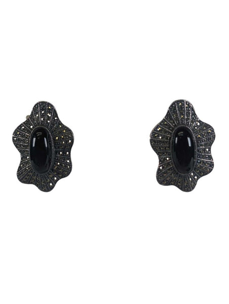 R sterling onyx marcasite lever back earrings