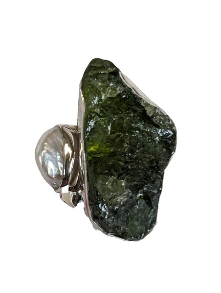 sterling large peridot pearl adjustable ring