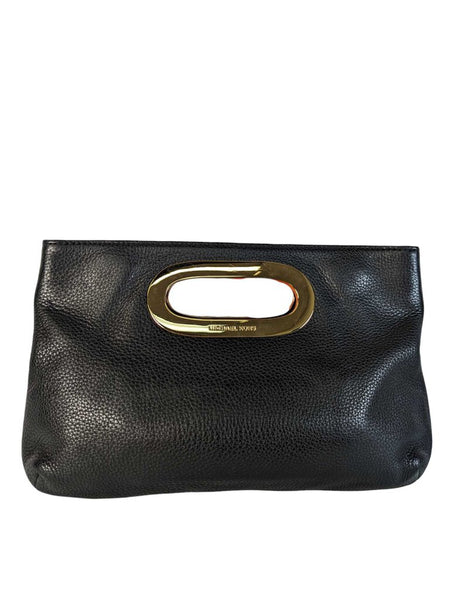 R Gold Handle Pebbled Leather Clutch